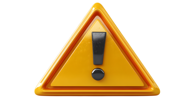 3D yellow alert triangle icon with exclamation mark, representing caution or warning, isolated on white background