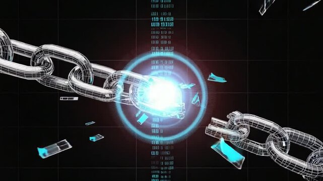 Futuristic wireframe model of a broken chain with random numbers, abstract tech background, concept of blockchain hacking or cryptocurrency drop in value cinematic lighting 4k video