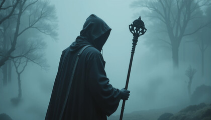 Mysterious Figure in Foggy Woods: A cloaked figure with a staff walks through a dense foggy forest, their face obscured by the hood, creating an air of mystery and intrigue.