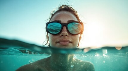 Fototapeta premium A woman in sunglasses submerged in crystal clear ocean water, capturing the essence of summer and freedom while enjoying a beautiful day by the sea.