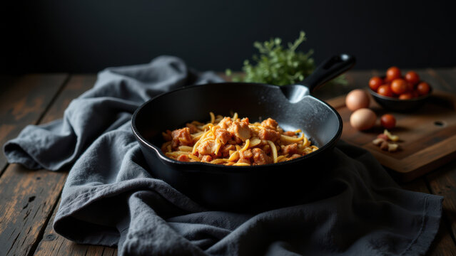 A close-up of a skillet with colorful stir fry food on it, ready to serve.