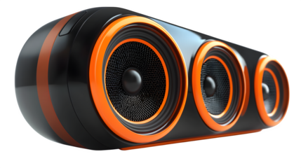 Black and orange speaker icon, 3D rendering in cartoon plastic style, isolated on white background