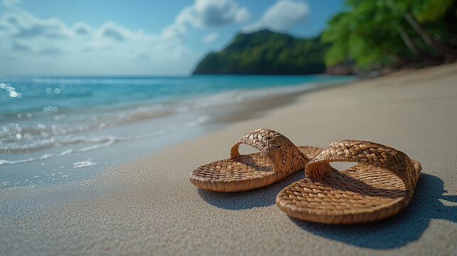 Woven sandals on a tropical beach