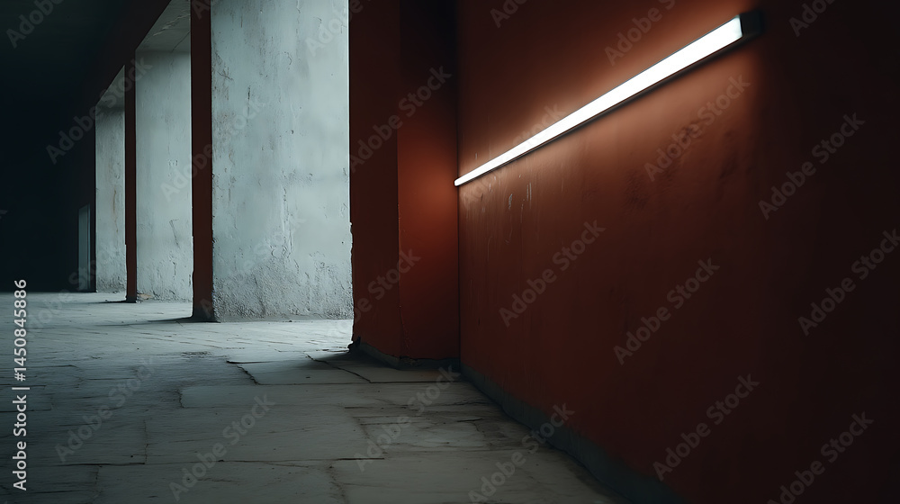 Poster illuminated architecture: a corridor illuminated by a single light, revealing the texture and depth 