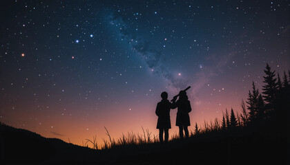 Stargazing Silhouette: Silhouette of individuals gazing at the Milky Way galaxy and stars. The vast cosmic background evokes curiosity and a sense of wonder.