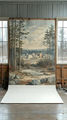 A large landscape painting of a wintry forest scene with a village nestled in the valley, displayed on a white backdrop