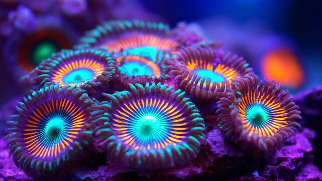 Vibrant soft coral polyps with radiant neon orange stripes and glowing turquoise centers clustered in an underwater marine environment.