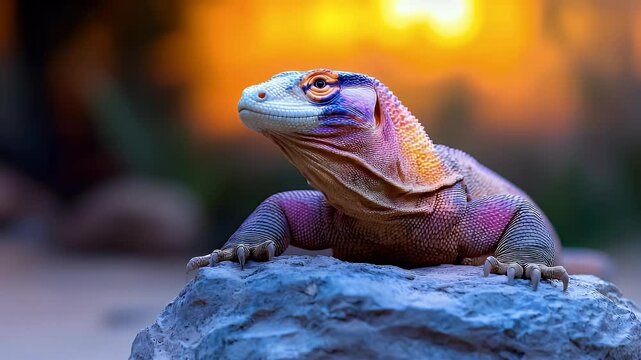 Colorful Reptile Posing on a Stone at Sunset Nature Scene