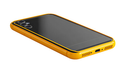 Black and yellow mobile phone icon with screen detail, cartoon 3D plastic rendering, isolated on white background