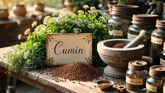 sign with inscription cumin, fresh herbs on table, sunny day

