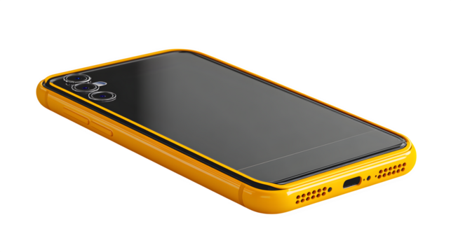 Black and yellow mobile phone icon with screen detail, cartoon 3D plastic rendering, isolated on white background