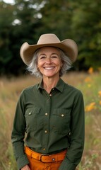 Woman in a field, smiling