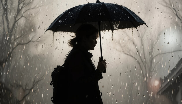 Solitary Stroll in the Rain: A silhouette of a person with an umbrella navigates a rainy day, evoking a sense of solitude and introspection. Captured in high-definition. 
