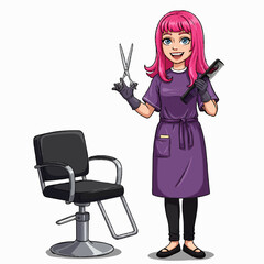 Fototapeta premium A smiling female hairdresser holding scissors and a comb, standing in front of a salon chair.