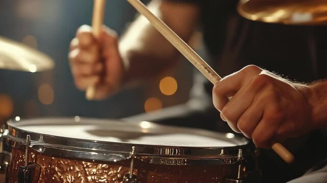 Drummer performs energetic rhythm on snare with vivid bokeh background during late night jam session