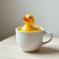 Yellow rubber duck in a white coffee cup