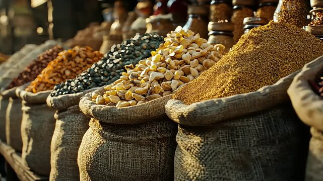 Colorful display of various spices in burlap sacks at a bustling market with vibrant activity