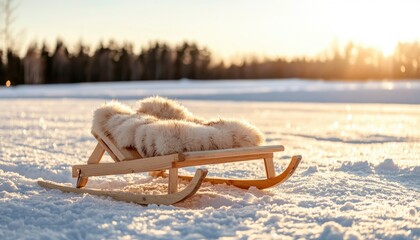 Wooden sled in snowy landscape
