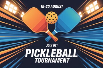 A dynamic poster design announces an exciting pickleball tournament in August with crossed paddles.