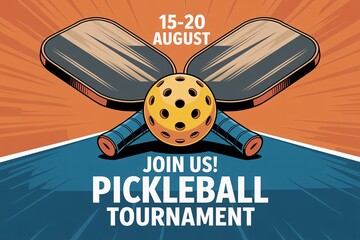 A striking graphic design announcing an upcoming pickleball tournament during the month of August.