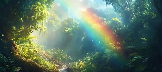 Obraz premium A Peaceful Jungle Transformed By A Rainbow That Adds Color And Magic To The Lush Green Forest