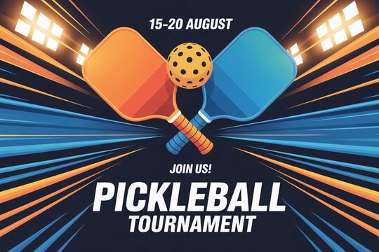 A dynamic poster design announces an exciting pickleball tournament in August with crossed paddles.