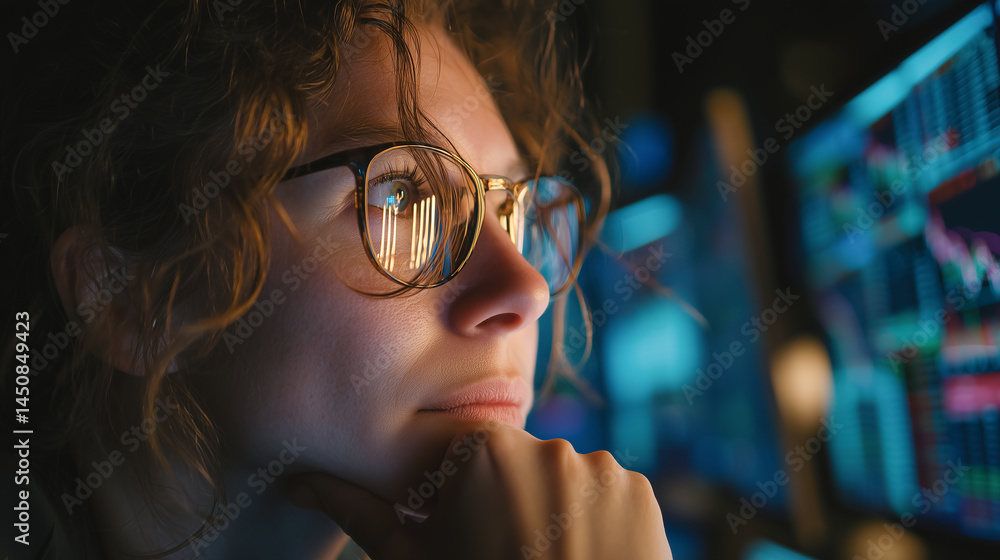 Leinwandbilder financial analyst working late analyzing data on multiple computer screens