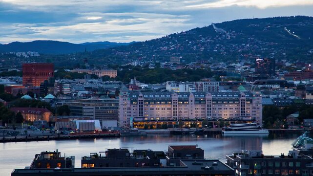 High-Quality UHD Footage of Oslo Aker Brygge with Moving Crowds Timelapse