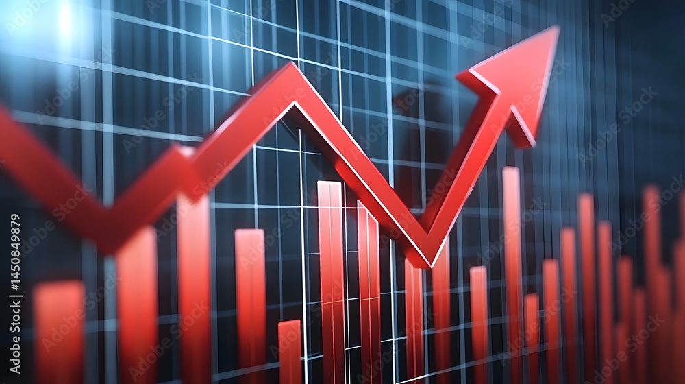 Poster a large red arrow points downwards over a gridded financial chart showing a sharp decline in value, 
