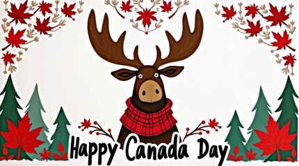 Happy Canada Day illustration featuring a moose with plaid scarf surrounded by maple leavesand pine trees