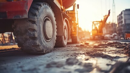 Truck tire close up construction site golden hour