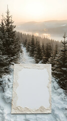 Empty frame nestled in a snowy mountain landscape, bathed in warm light. A path winds through the forest