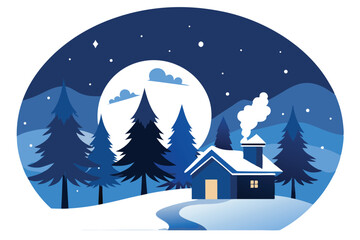 Fototapeta premium Winter night shows blue cottage with white snow under the starry sky and moon