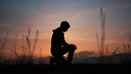 Silhouette of Contemplation at Dusk: A solitary figure kneels in silhouette, silhouetted against a vibrant sunset, evoking introspection and solitude. Reflecting on the serenity of the moment.