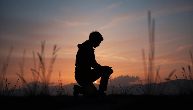 Silhouette of Contemplation at Dusk: A solitary figure kneels in silhouette, silhouetted against a vibrant sunset, evoking introspection and solitude. Reflecting on the serenity of the moment.