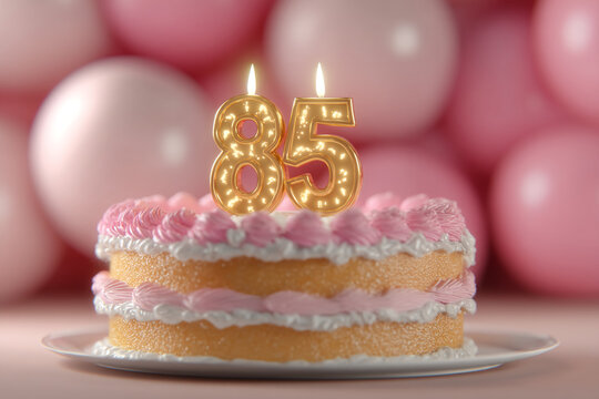 Two-layered cake with pink frosting and gold number 85 candles, against a backdrop of pink balloons, celebrating an 85th birthday