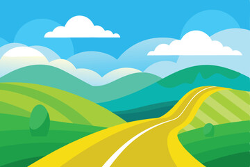 Yellow road meanders through rolling green hills beneath a bright blue and cloud filled sky