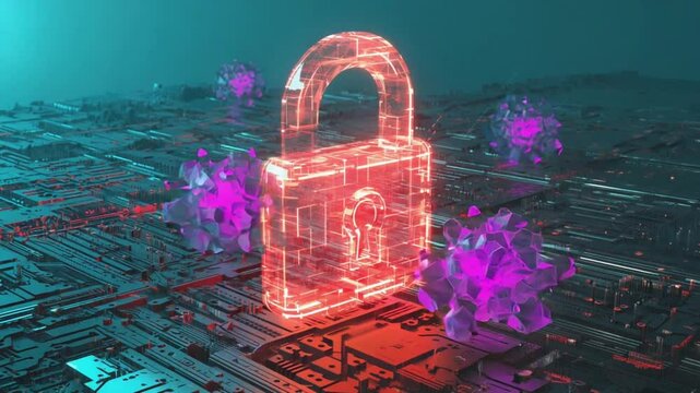 A futuristic padlock glowing red, circuit attack glitchy digital viruses. waves malware slam transparent firewall. triggers energy security countermeasures laser grids shields cinematic, dystopian