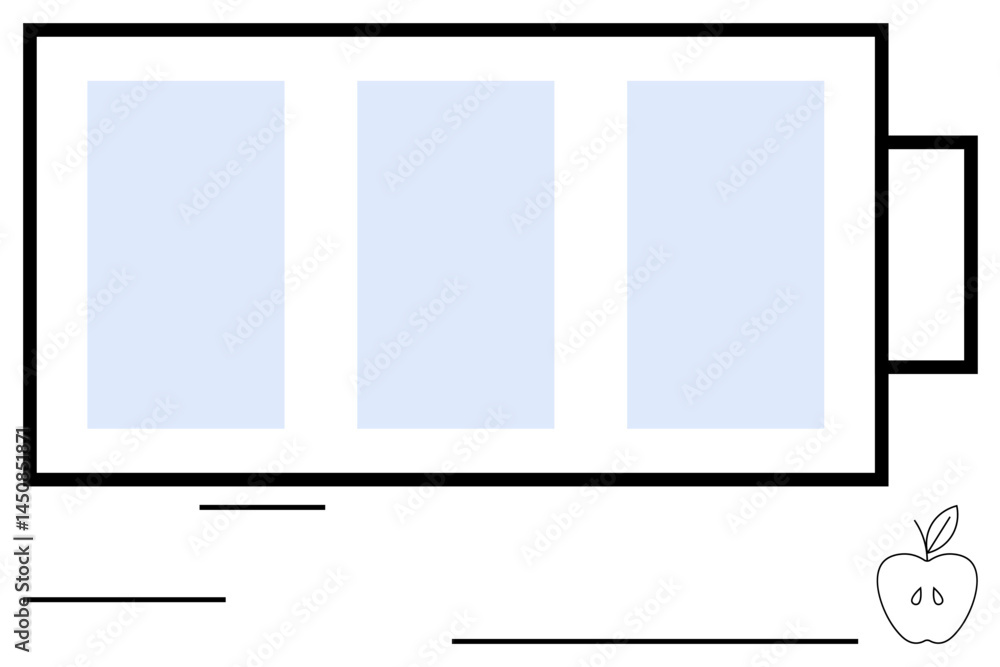 Poster large battery outline with three sections paired with a simple apple sketch. ideal for energy, techn