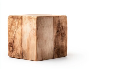 A beautifully crafted solid wooden block showcasing natural grain patterns and textures against a clean white backdrop, highlighting organic art and sustainable design principles.