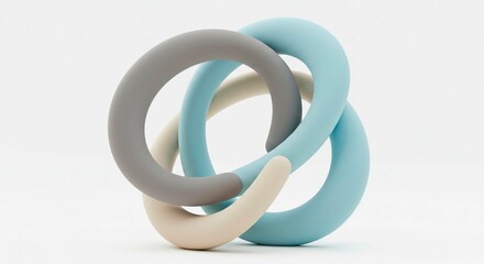 A close up of three interlocking torus shapes in gray blue and cream on a white background studio shot