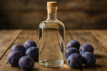 Slivovitz, plum brandy or schnapps in glass bottle with fresh plums on rustic wooden table
