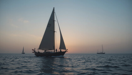 Fototapeta premium Sailing into Twilight: A picturesque sailboat glides across the tranquil ocean at dusk, illuminated by the warm glow of the setting sun, evoking feelings of peace, adventure, and exploration.