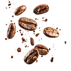 Roasted Coffee Beans Falling With Little  isolated on a transparent background