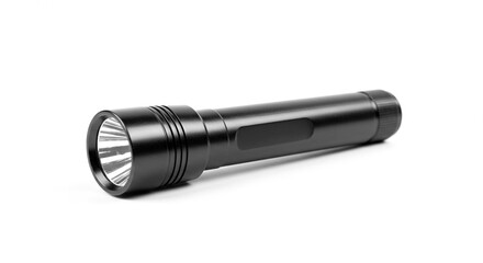 A black flashlight lying horizontally on a white surface in a studio lighting environment setup