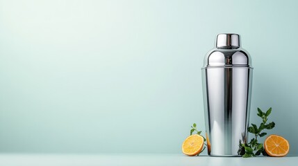 A stylish metal cocktail shaker is surrounded by refreshing citrus fruits, perfectly representing the essence of summer cocktails and vibrant flavor combinations.