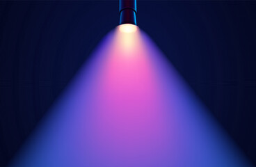 Wide angle purple top spotlight with soft pink and blue shades light on dark background, vector poster background