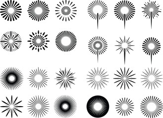 Set of Fireworks Explosion Silhouettes – Circular and Starburst Vector Icons in Black
