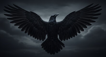 Raven with Wings Extended on Cloudy Background
