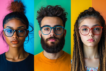 A group of three people wearing colorful glasses